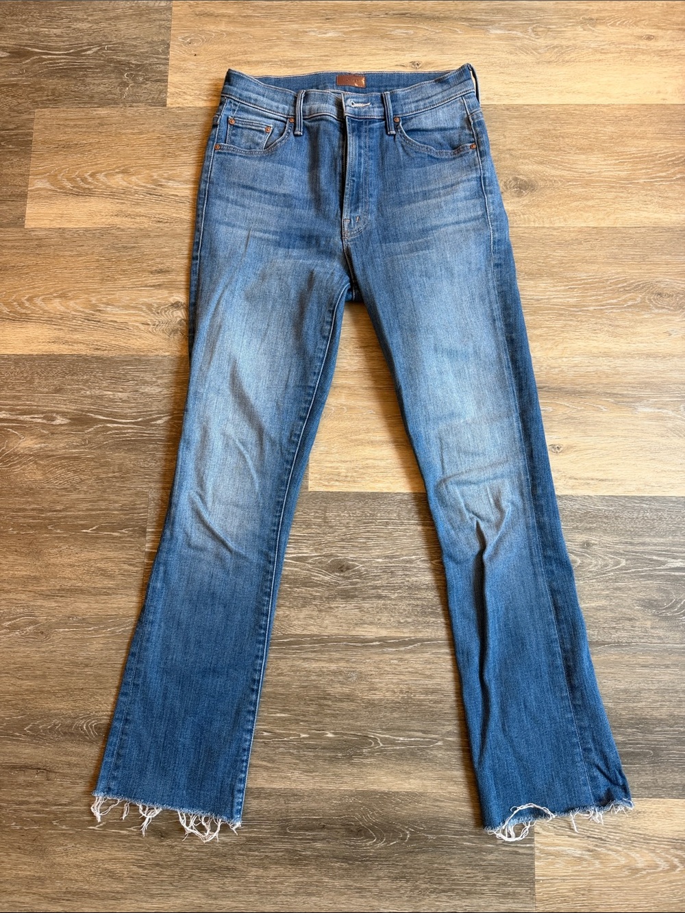 MOTHER Mid Blue Flare Jeans with Raw Hem - Picture 1 of 4